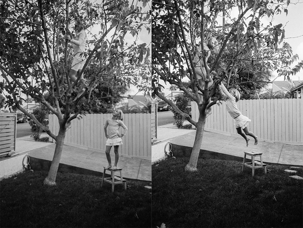 Young girl (Alex) leaping from a stool to the branches of the tree. ©William Bay Photographic Arts.